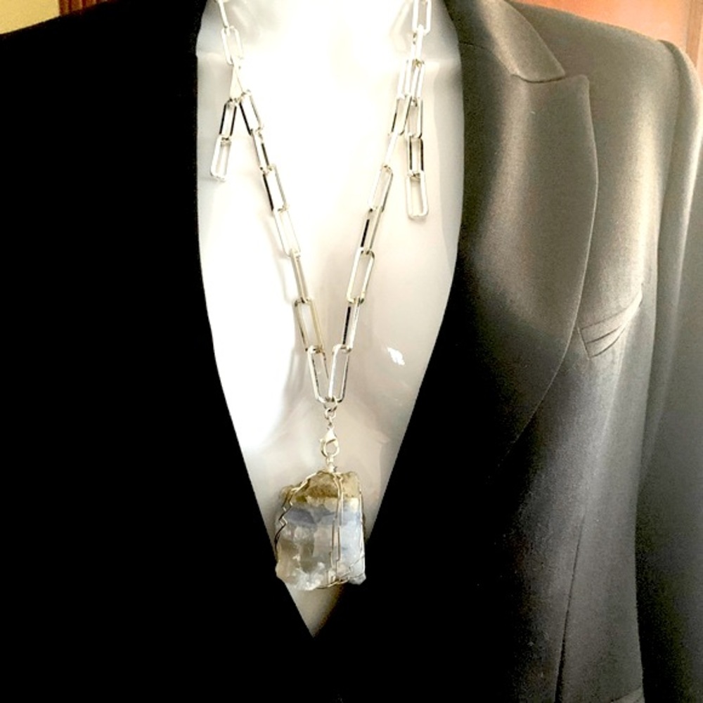 Long chain necklace large blue semi-precious stone pendant with metal strings